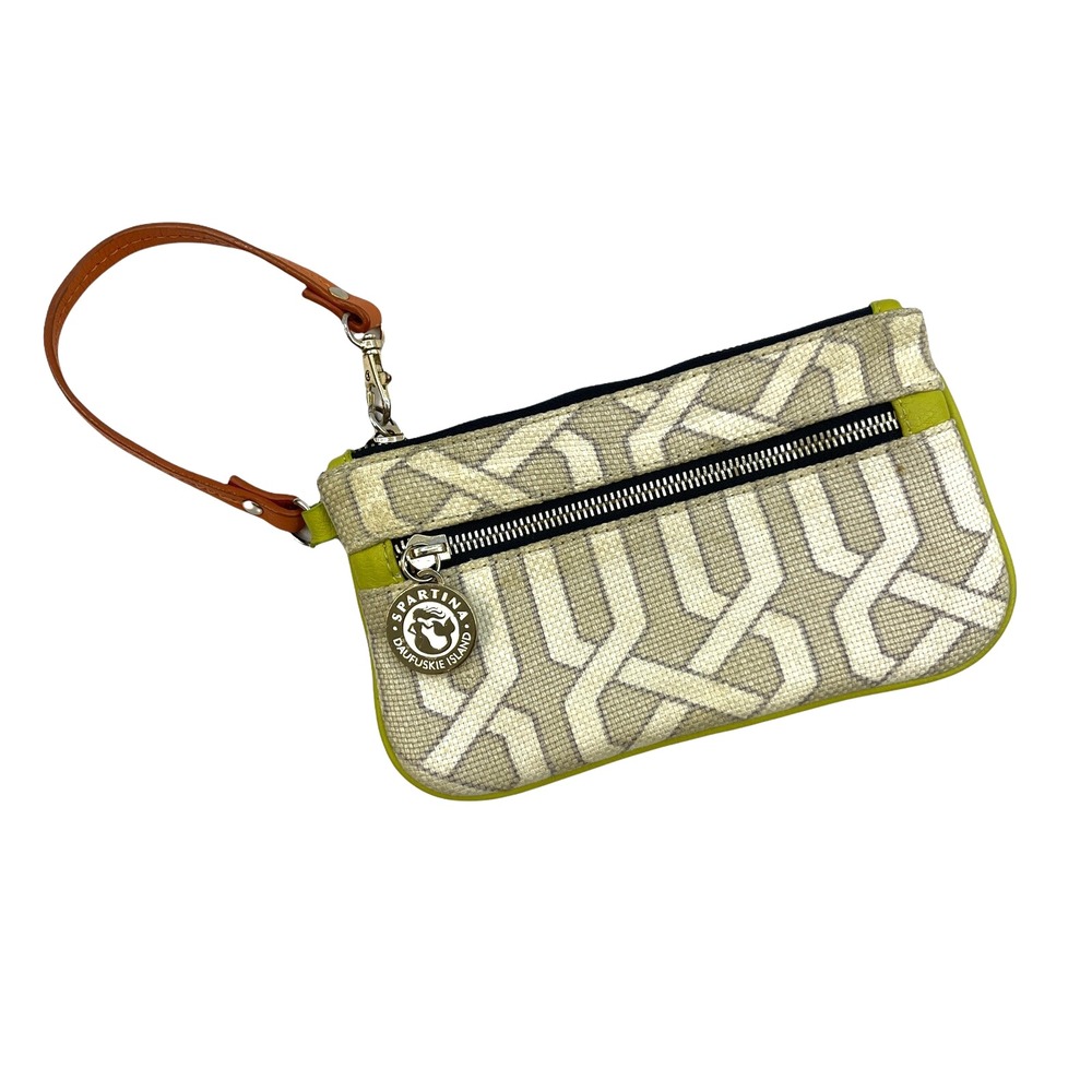 Spartina Womens Wristlet Geometric Canvas Linen Brown Leather Trim Wallet